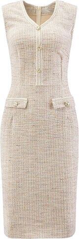 Women's Sleeveless Tweed Dress 2025 Summer Office Work V Neck Bodycon Pencil Dresses in Saudi Arabia