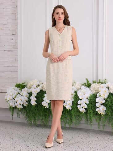 Women's Sleeveless Tweed Dress 2025 Summer Office Work V Neck Bodycon Pencil Dresses in Saudi Arabia