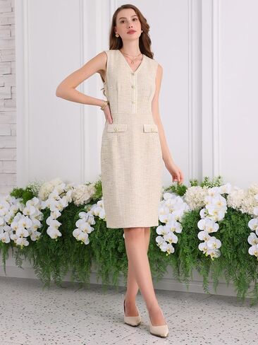 Women's Sleeveless Tweed Dress 2025 Summer Office Work V Neck Bodycon Pencil Dresses in Saudi Arabia