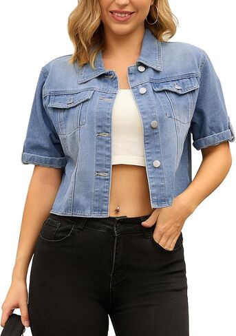 Women's Summer Short Sleeve Denim Jackets Collared Button Up Cropped Jean Jacket in Saudi Arabia