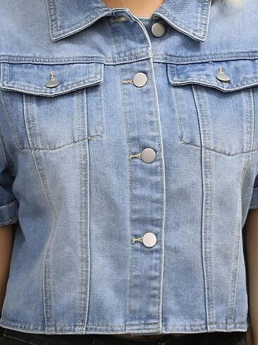 Women's Summer Short Sleeve Denim Jackets Collared Button Up Cropped Jean Jacket in Saudi Arabia