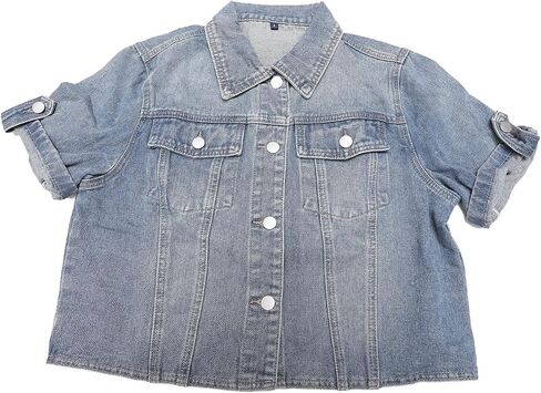 Women's Summer Short Sleeve Denim Jackets Collared Button Up Cropped Jean Jacket in Saudi Arabia