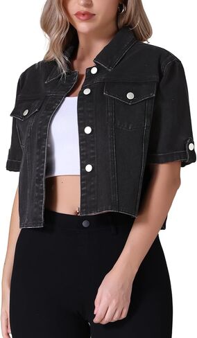 Women's Summer Short Sleeve Denim Jackets Collared Button Up Cropped Jean Jacket in Saudi Arabia