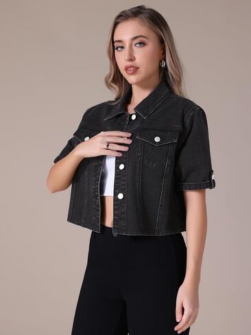 Women's Summer Short Sleeve Denim Jackets Collared Button Up Cropped Jean Jacket in Saudi Arabia