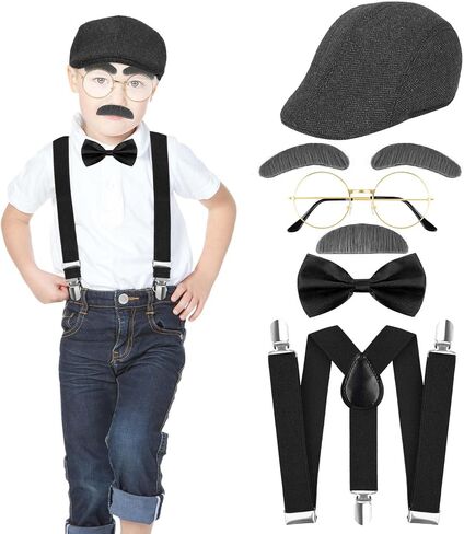 1920s Old Men Costume Set with Hat Glasses Eyebrows Beard Suspender Bow Tie for 100 Days of School Grandpa Cosplay in Saudi Arabia