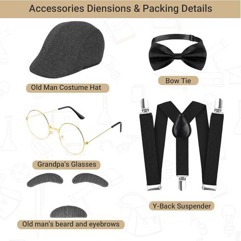 1920s Old Men Costume Set with Hat Glasses Eyebrows Beard Suspender Bow Tie for 100 Days of School Grandpa Cosplay in Saudi Arabia