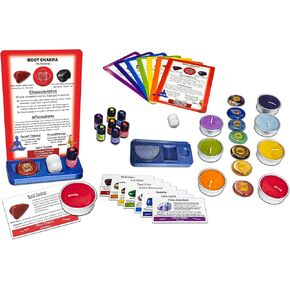 Chakra Healing: Altar and Meditation Kit (40 pc): Engraved Chakra Symbols Stones, Chakra Healing Cards, Essential Oil Blends, Scented Candles, Stone ID Cards, Selenite Crystal, Altar Base