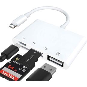 SD TF Card Reader Lightning Adapter, rosyclo Apple MFi Certified 4 in 1 USB OTG Camera Connection Kits Charge Cable for iPhone, Compatible with iPhone12/11/11Pro/X/iPad, Support iOS 9.2-14+(White)