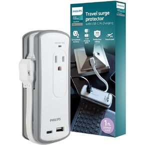 Philips 2-Outlet Travel Surge Protector, 2 USB 1A/1C, 5V/3.4A, 300J, 1 Ft, Grey/White, SPP2111WA/37