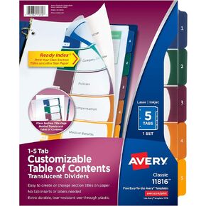 Avery Plastic 5 Tab Binder Dividers, Customizable Table of Contents, Multicolor Tabs, 1 Set (11816)
