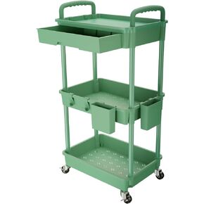 3 Tier Rolling Utility Cart with Drawer,Rolling Storage Cart,Storage Cart for Kitchen,Bathroom,Living Room,Storage Organizer with Iron Wheels(Green)