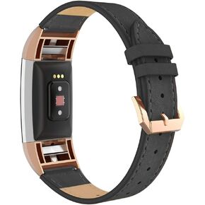 Simpeak Leather Band Compatible with Fitbit Charge 2 Only, Genuine Leather Wristband Strap Replacement for Fitbit Charge2, Black Band+Rose Gold Adaptor