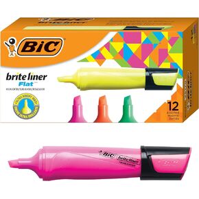 BIC Brite Liner Flat Highlighter, Chisel Tip For Broad Highlighting & Fine Underlining, Assorted Colors, 12-Count
