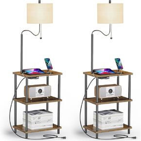 Set of 2 End Table with Lamp, Floor Lamp with Table Attached for Living Room, Small Bedside Nightstand Shelves, Side Table Reading Standing Light for Bedroom with USB Ports Type-C