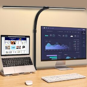 LED Desk Lamp for Home Office, Double Head Desk Light with Clamp & Timer, 24W Eye-Caring Architect Desk Lamp 5 Brightness 5 Colors Stepless Dimming & Tempering Flexible Gooseneck Table Lamp