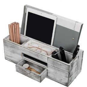 Liry Products Whitewashed Wooden Desktop Organizer Multiple Compartments Rack Shelf Drawer Tabletop Wood Storage Cabinet Office Supplies Caddy Document Stationery Holder Accessory Sorter Vanity Home