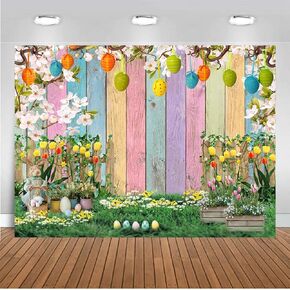 CHAIYA 7x5ft Spring Easter Backdrop Colorful Wood Green Grass Easter Backdrops for Photography Spring Flowers Easter Eggs Easter Photography Backdrops Kids Children Easter Party Supplies Decorations