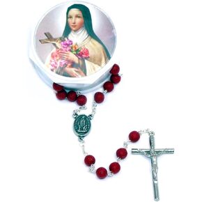 Rose Scented Carved Wood Prayer Bead 19 Inch Rosary with Saint St Theresa Case