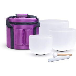 KVKA Set of 3pcs Chakra Frosted Quartz Crystal Singing Bowls Set 8-12 inch with Carrying Case - 12''C 10''F 8''B for Yoga Sound Healing