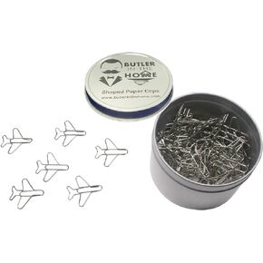 Butler in the Home 100 Count Airplane Shaped Paper Clips Great for Paper Clip Collectors or Office Gift - Comes in Round Tin with Lid and Gift Box - (Gray)