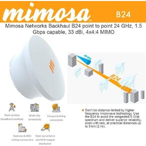 Mimosa Backhaul B24 نقطة إلى نقطة 24 جيجا هرتز، 1.5 جيجابت في الثانية، 33 ديسيبل، 4x4:4 MIMO، مزود طاقة PoE، جيجابت إيثرنت (RJ45) وألياف جيجابت (قفص SFP)، أوضاع التشغيل: الاستعداد الساخن