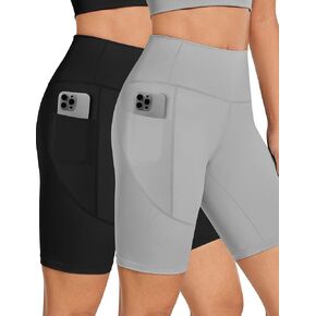 Biker Shorts Women 8" Inch High Waisted Tummy Control Yoga Stretchy Shorts Athletic Running Workout Leggings One Pockets Spandex Soft Compression Shorts Tights Knee Length Ladies 2 Pack Black Grey
