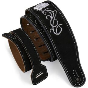 Amumu Guitar Strap Suede Leather Flower Embroidered for Acoustic, Electric, and Bass Guitars -Black