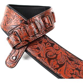 Walker & Williams G-973 Handmade Bourbon Brown Western Sheridan Embossed Guitar Strap with Soft Padded Back For Acoustic, Electric, And Bass Guitars