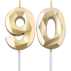 2 inch Gold 90 Birthday Candles, 3D Diamond Number 90 Cake Topper for Men Women Birthday Party Decorations Theme Party