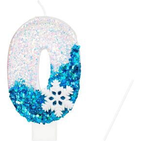 3.74 inch Birthday Candles Number 0 Candle, Elsa Themed Birthday Party Decorations, Snow Themed Extra Large Birthday Candles for Cake, Blue White Birthday Candles Cake Toppers Birthday Party Supplies