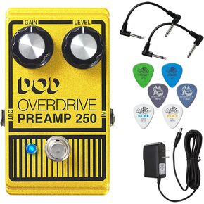 Digitech DOD Overdrive 250 Analog Overdrive Preamp Guitar Effects Pedal - Bundle with 2 Patch Cables, 6 Dunlop Picks, and Power Supply