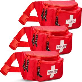 Pack of 3 First Aid Empty Fanny Pack, 8"x2"x6", Waist Bag with 3 Zippered Compartments & Adjustable Strap for Lifeguard, Hiking, Travel Men & Women, Durable, Red