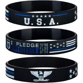 Sainstone Police Thin Blue Line American Flag Silicone Bracelets Set with USA Flag, Police's Prayer and American Power Eagle, Rubber Wristbands Gifts for Police Cops, Patriots, Men, Women