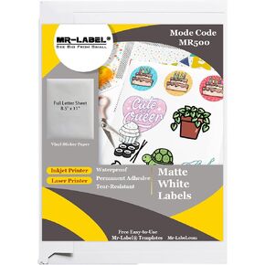 Mr-Label White Matte Printable Vinyl Sticker Paper - Waterproof Full Letter Sheet Label – for Inkjet/Laser Printer - for Home Business|DIY Stickers(25 sheets/25 Labels)
