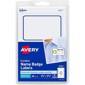 Avery Flexible Printable Name Tags, 2-1/3" x 3-3/8", White with Blue Border, 40 Removable Name Badges (05151)