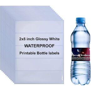 75 Labels 2"×8" Printable Glossy White Water Bottle Labels, Waterproof Vinyl Stickers Blank Wraparound Rectangle Sheet for Inkjet/Laser Printer