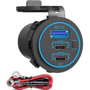 12V USB C Outlet, Two USB-C PD 20W Power Socket and 18W QC3.0 Socket Waterproof Power Outlet 12V/24V with Power Switch for Car Golf Cart Boat Marine Bus Truck RV Marine Motorcycle etc.