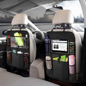 LXUNYI Backseat Car Organizer with Tablet Holder, 6 Storage Pockets Oxford Hanging Car Back Seat Storage Organizer Bags with Foldable Food Tray Kick Mats Back Seat Protector for Kids Feet