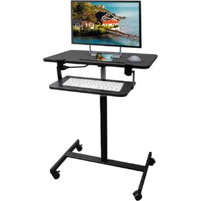 Mobile Standing Desk,Pneumatic Rolling Desk Adjustable Height,Laptop Cart on Wheels with Keyboard Tray&Monitor Stand Riser,Mobile Computer Desk&Sit Stand Desk for Home,Office,Podium (Black)