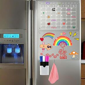 Magnetic Planning Board for Fridge, 2 Pcs Acrylic Dry Erase Calendar for Refrigerator, Reusable Clear Planner Whiteboard for Weekly & Monthly with 6 Markers 3 Colors, 17"x12"