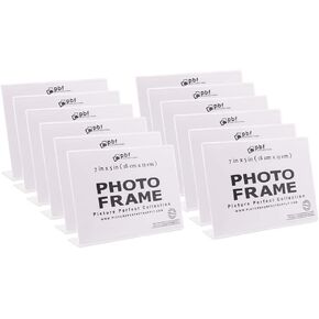 Photo Booth Frames - 7x5 Inch Clear Acrylic Display, Slanted Back 7x5 Horizontal Picture or Display Plastic Sign Holder with Inserts - 12 count