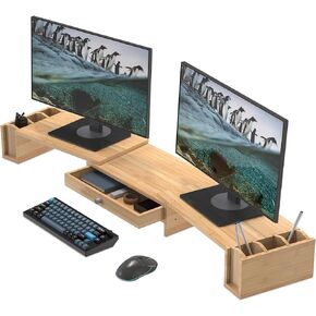 حامل شاشة مزدوج كبير مع درج وحامل أقلام، منظم سطح المكتب بطول وزاوية قابلة للتعديل، من الخيزران in Kuwait