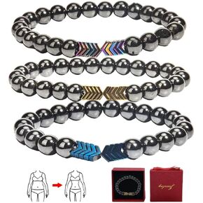 3pcs-8mm Adjustable Lymphatic Drainage Magnetic Black Cholite Weighted Bracelet,Weight Loss Bracelets Womens,Hematite Magnetic Therapy Bracelet For Women And Men,Eliminates Swelling Weight-Loss(D)