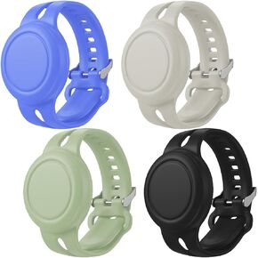 4 Pack Airtag Bracelet Waterproof, Silicone Wristband Case for Apple Airtag, Air tag Full Cover Watch Band Hidden Accessories for Kids Toddler Elder (Black+Blue+Shanti Green+Gray)