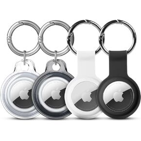 Apple Airtag Cases 4 Pack | Leather and Transparent Airtag Holder Keychains - Washable, Anti-Scratch, Protective Airtag Case (Brown, Black, Transparent)