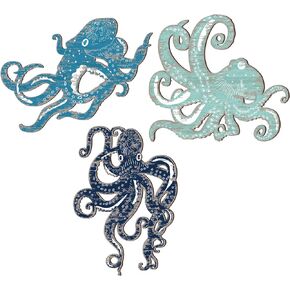 3 Pcs Wooden Octopus Wall Decor Farmhouse Ocean Octopus Wall Hanging Beach Blue Octopus Wall Art Wood Nautical Rustic Decorative Coastal Octopus Wall Sculptures for Home Office Indoor Outdoor