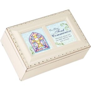 Cottage Garden First Communion God Bless You Matte Ivory Jewelry Music Box Plays Ave Maria