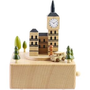 Cute Quality Made Wooden Musical Box Featuring London Big Ben With Small, Moving Magnetic Car | Plays "Castle in The Sky" Song