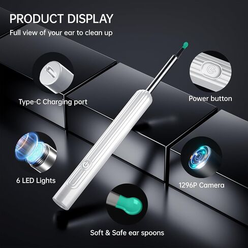 Ear Wax Removal - Ear Cleaner - Ear Wax Removal Tool Camera, Ear Cleaner with Camera, Ear Wax Removal Kit with 1296P Camera, Ear Cleaning Kit, Ear Camera Otoscope with Light(Black) in Saudi Arabia