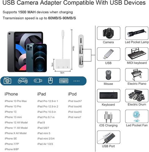 محول كاميرا USB لهاتف iPhone، محول USB OTG 3 في 1 iPhone مزدوج مع منفذ شحن مزامنة البيانات - متوافق مع iPhone 14/13/12/11/X/XS/XR/8/7، يدعم أحدث iOS 16 in Saudi Arabia
